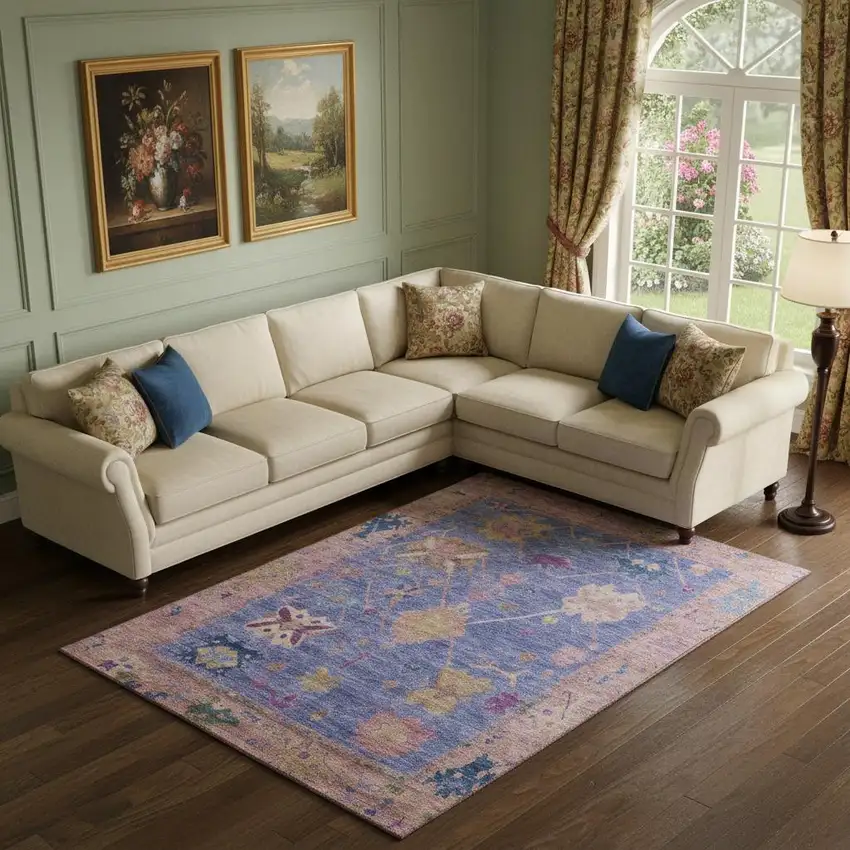 Purple And Blue Oriental Washable Area Rug With UV Protection Photo 2