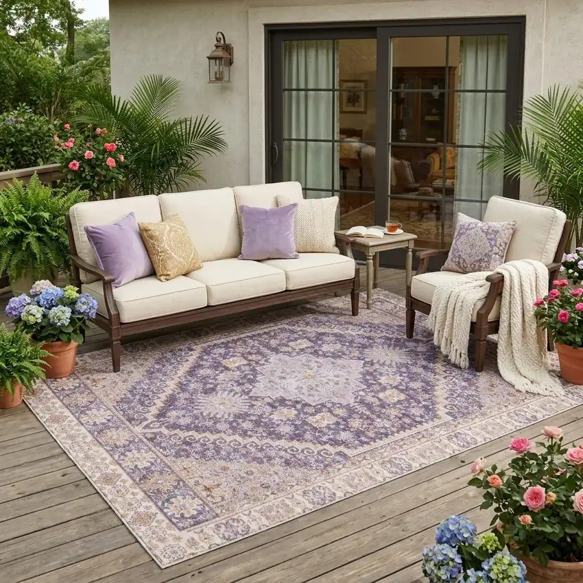 Purple And Blush Oriental Washable Indoor Outdoor Area Rug Photo 1