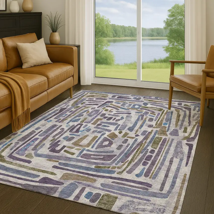 Purple And Brown Abstract Washable Indoor Outdoor Area Rug Photo 5