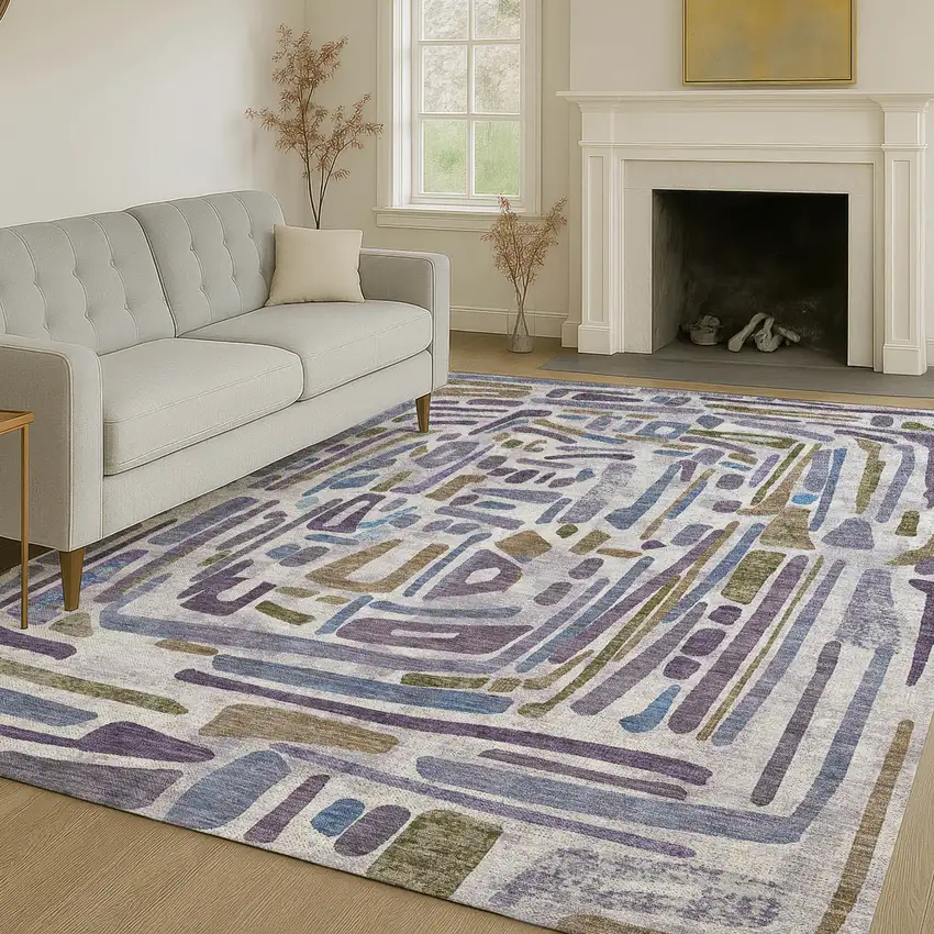 Purple And Brown Abstract Washable Indoor Outdoor Area Rug Photo 6