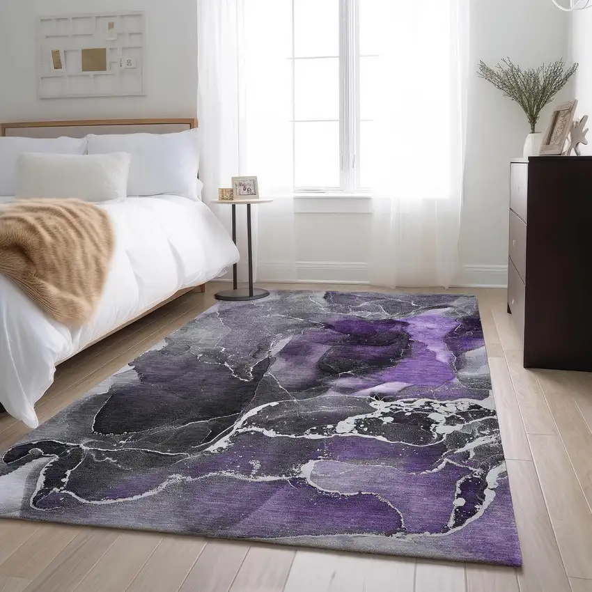 Purple And Charcoal Abstract Washable Area Rug With UV Protection Photo 6