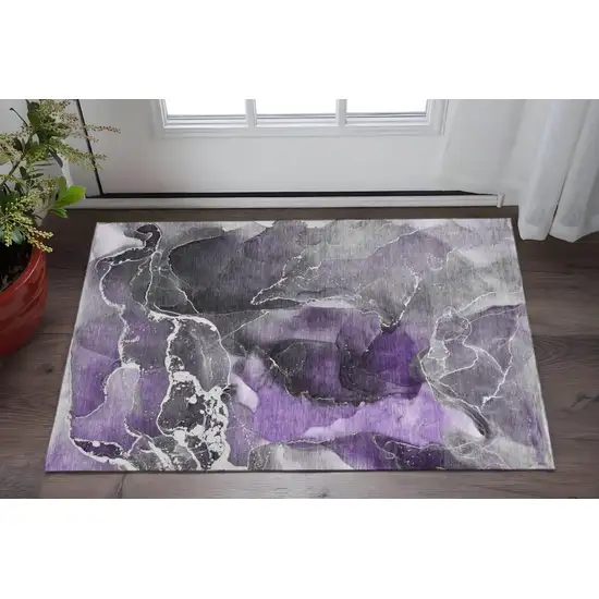 Purple And Charcoal Abstract Washable Area Rug With UV Protection Photo 2