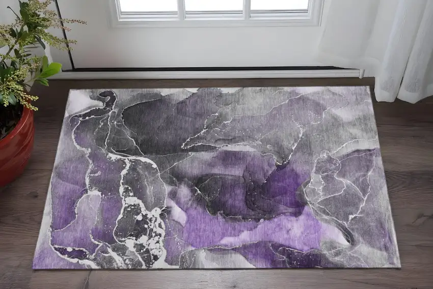 Purple And Charcoal Abstract Washable Area Rug With UV Protection Photo 2