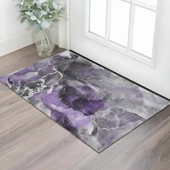 Purple And Charcoal Abstract Washable Area Rug With UV Protection Photo 1
