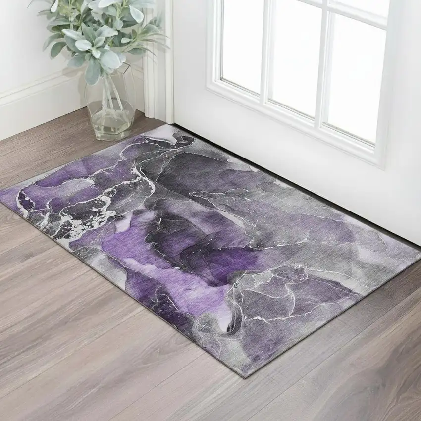 Purple And Charcoal Abstract Washable Area Rug With UV Protection Photo 1