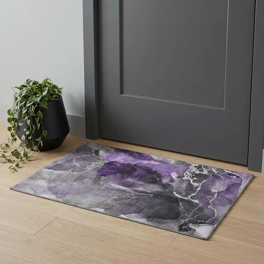Purple And Charcoal Abstract Washable Area Rug With UV Protection Photo 1
