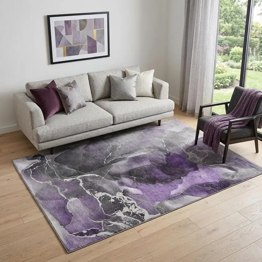 Purple And Charcoal Abstract Washable Area Rug With UV Protection Photo 1
