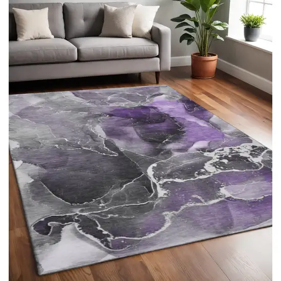 Purple And Charcoal Abstract Washable Area Rug With UV Protection Photo 2