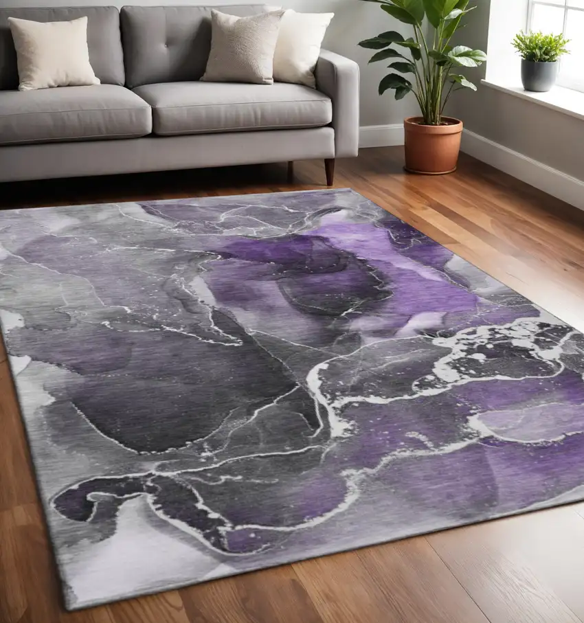 Purple And Charcoal Abstract Washable Area Rug With UV Protection Photo 2