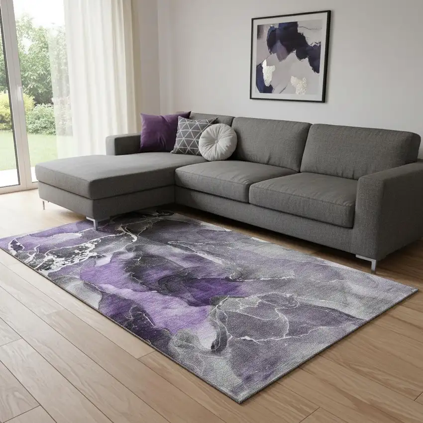 Purple And Charcoal Abstract Washable Area Rug With UV Protection Photo 1