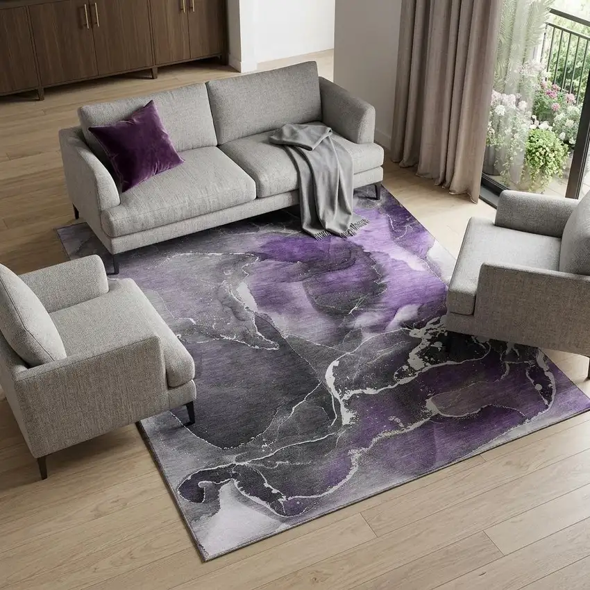 Purple And Charcoal Abstract Washable Area Rug With UV Protection Photo 1