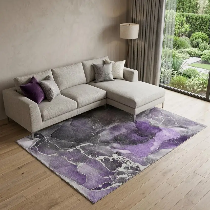 Purple And Charcoal Abstract Washable Area Rug With UV Protection Photo 1