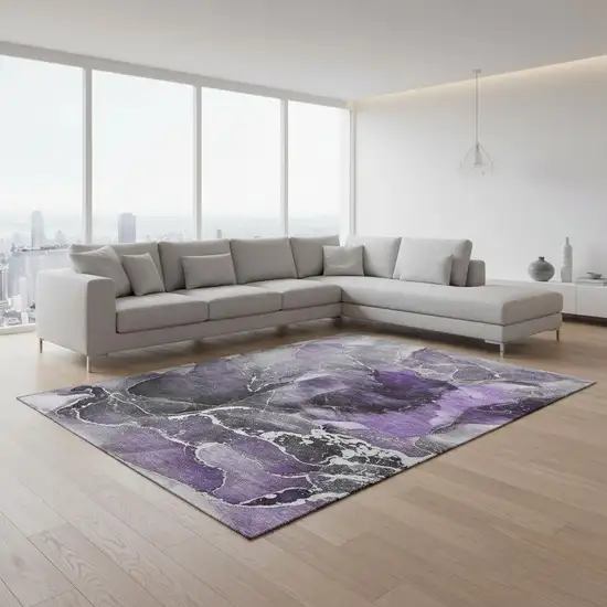 Purple And Charcoal Abstract Washable Area Rug With UV Protection Photo 1
