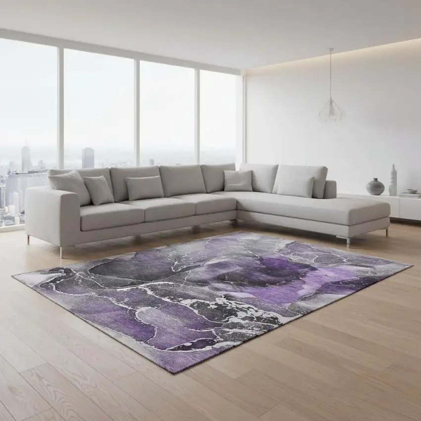 Purple And Charcoal Abstract Washable Area Rug With UV Protection Photo 1