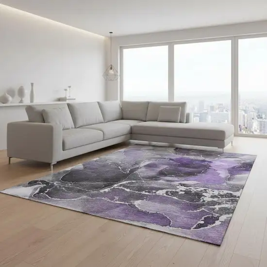 Purple And Charcoal Abstract Washable Area Rug With UV Protection Photo 1