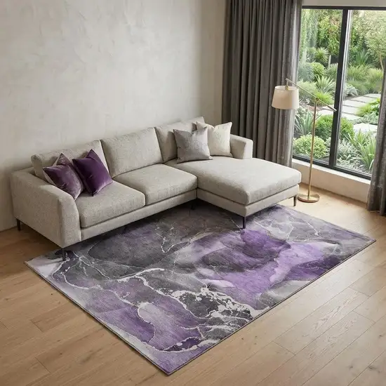 Purple And Charcoal Abstract Washable Area Rug With UV Protection Photo 1