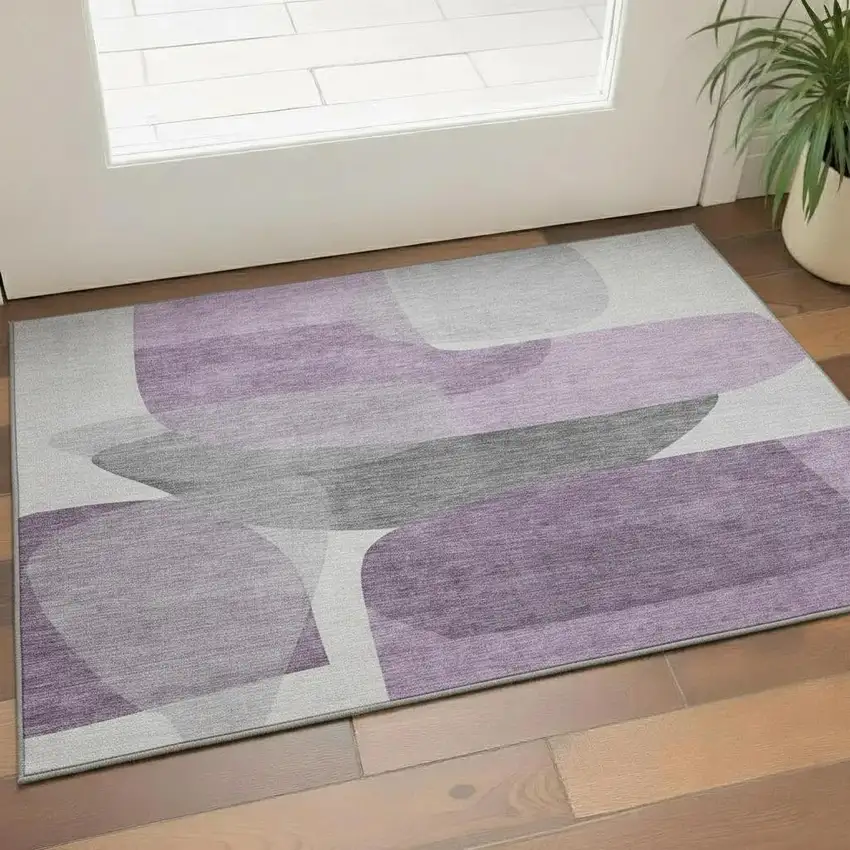 Purple And Charcoal Abstract Washable Area Rug With UV Protection Photo 2