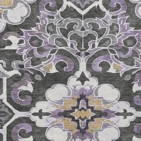 Purple And Charcoal Damask Washable Indoor Outdoor Area Rug Photo 4