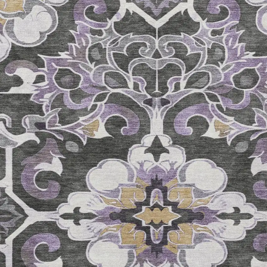 Purple And Charcoal Damask Washable Indoor Outdoor Area Rug Photo 4