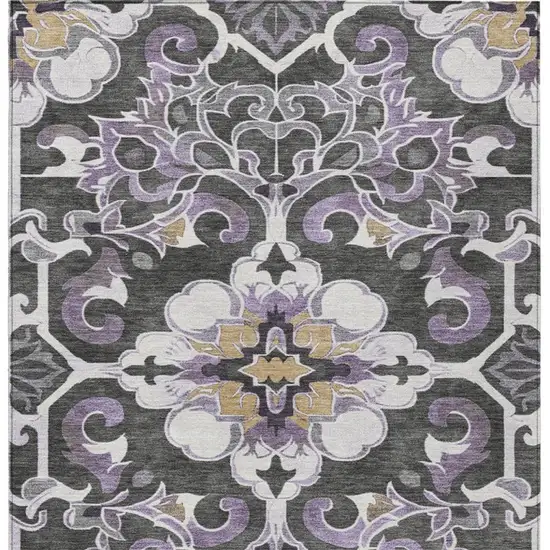 Purple And Charcoal Damask Washable Indoor Outdoor Area Rug Photo 6