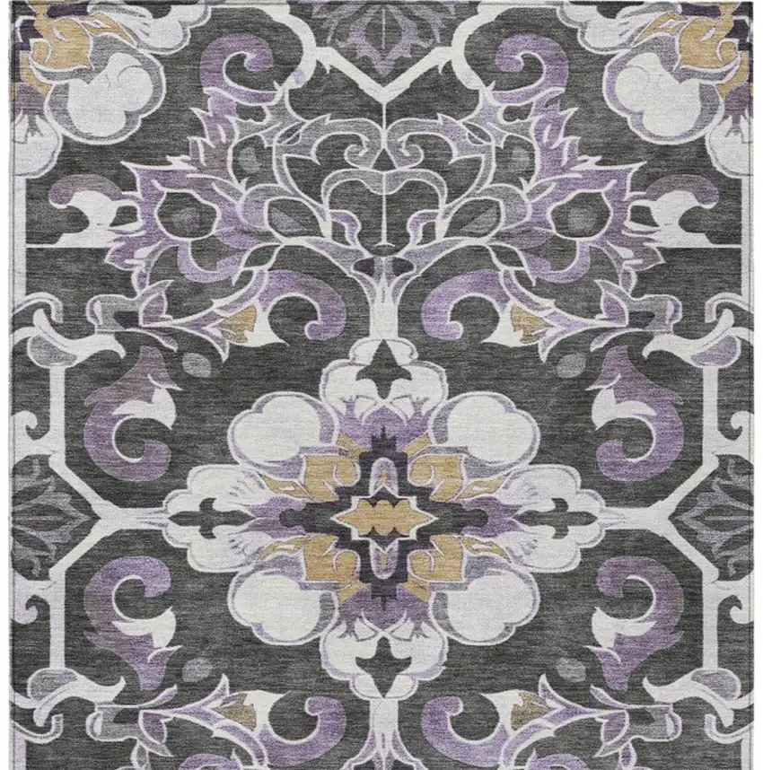 Purple And Charcoal Damask Washable Indoor Outdoor Area Rug Photo 6