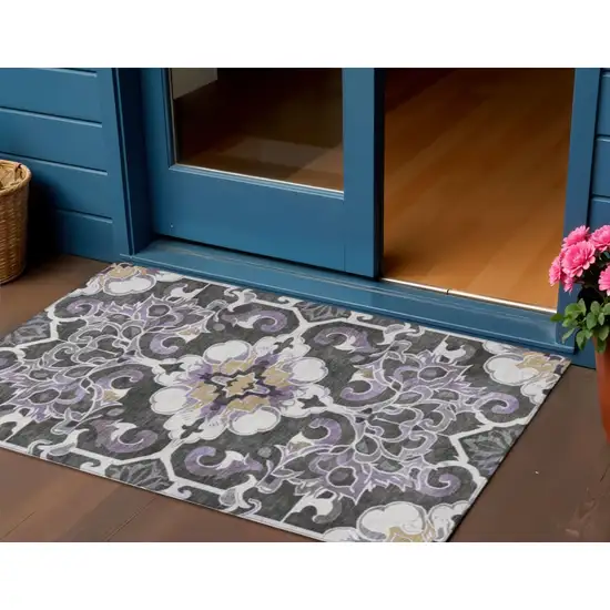 Purple And Charcoal Damask Washable Indoor Outdoor Area Rug Photo 2