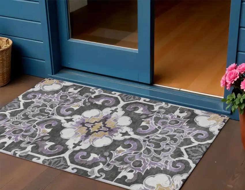 Purple And Charcoal Damask Washable Indoor Outdoor Area Rug Photo 2