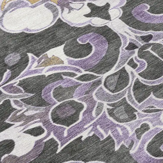 Purple And Charcoal Damask Washable Indoor Outdoor Area Rug Photo 8