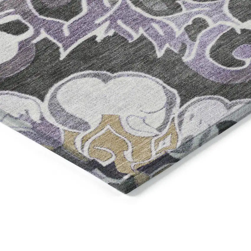 Purple And Charcoal Damask Washable Indoor Outdoor Area Rug Photo 9