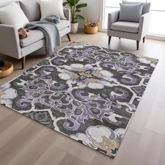 Purple And Charcoal Damask Washable Indoor Outdoor Area Rug Photo 6