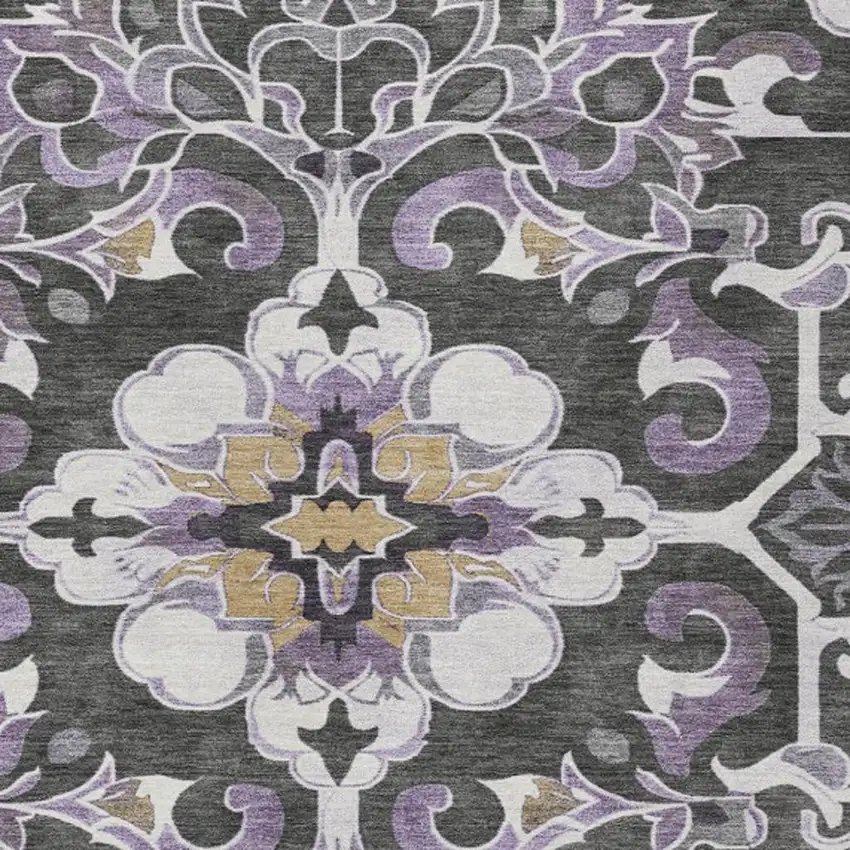 Purple And Charcoal Damask Washable Indoor Outdoor Area Rug Photo 3
