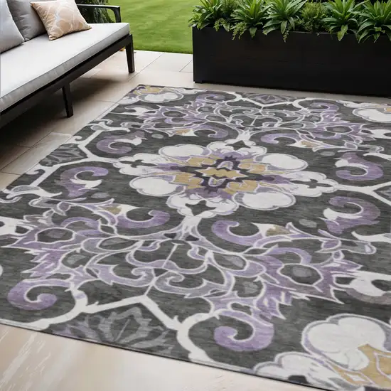Purple And Charcoal Damask Washable Indoor Outdoor Area Rug Photo 2