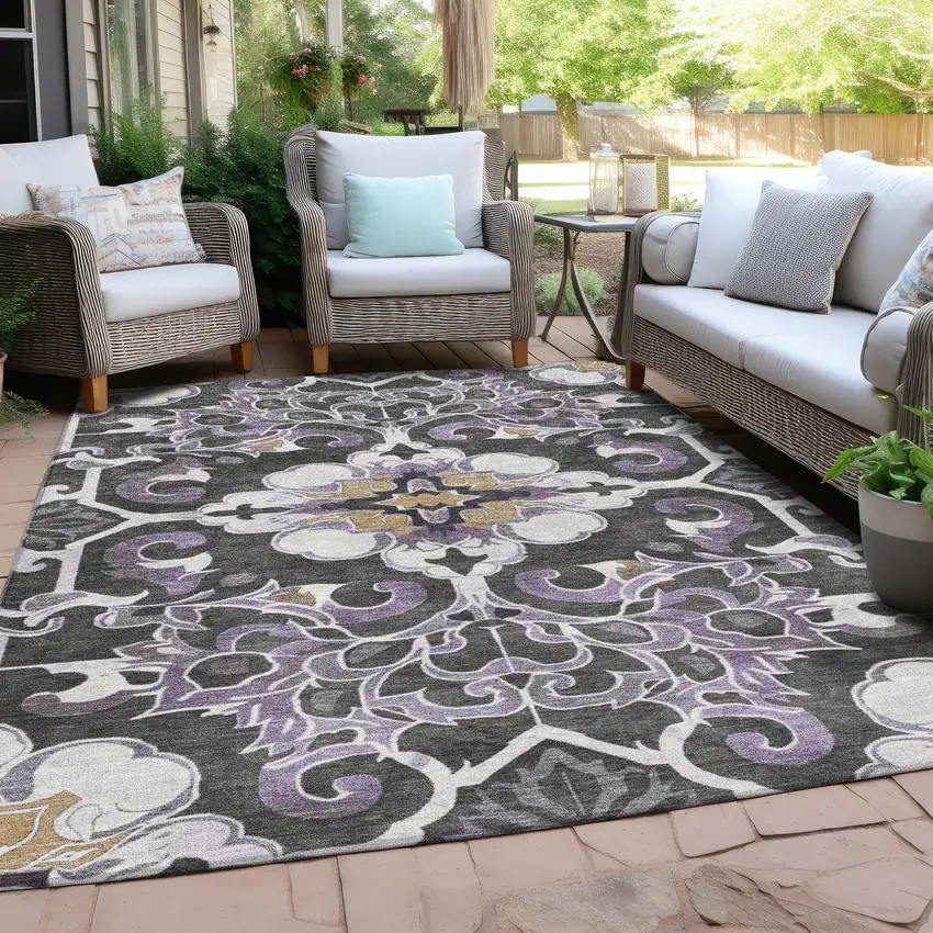 Purple And Charcoal Damask Washable Indoor Outdoor Area Rug Photo 5