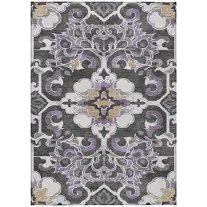 Photo of Purple And Charcoal Damask Washable Indoor Outdoor Area Rug