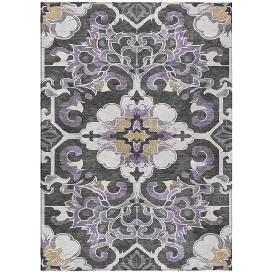 Purple And Charcoal Damask Washable Indoor Outdoor Area Rug Photo 1