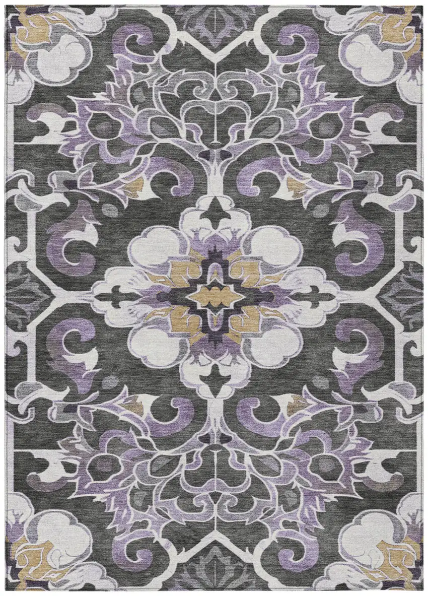 Purple And Charcoal Damask Washable Indoor Outdoor Area Rug Photo 1