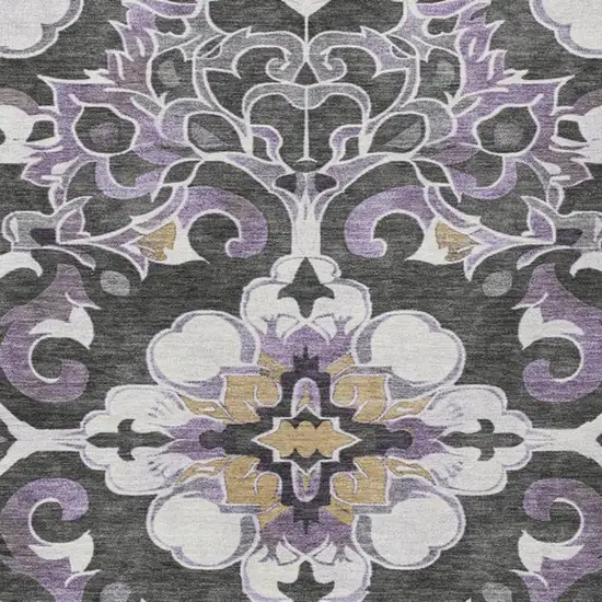 Purple And Charcoal Damask Washable Indoor Outdoor Area Rug Photo 4