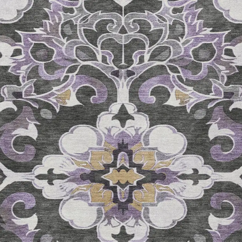 Purple And Charcoal Damask Washable Indoor Outdoor Area Rug Photo 4