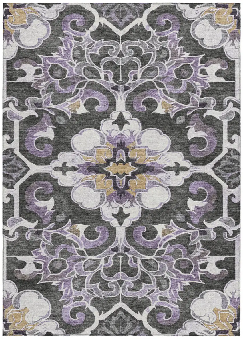 Purple And Charcoal Damask Washable Indoor Outdoor Area Rug Photo 3