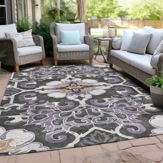 Purple And Charcoal Damask Washable Indoor Outdoor Area Rug Photo 5