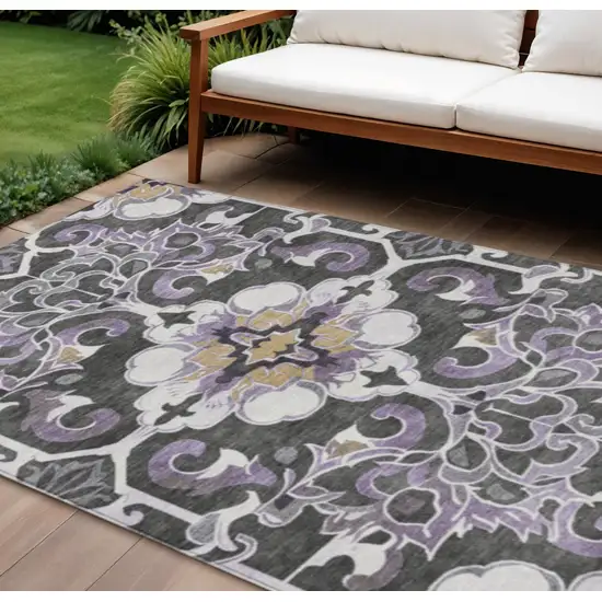 Purple And Charcoal Damask Washable Indoor Outdoor Area Rug Photo 2