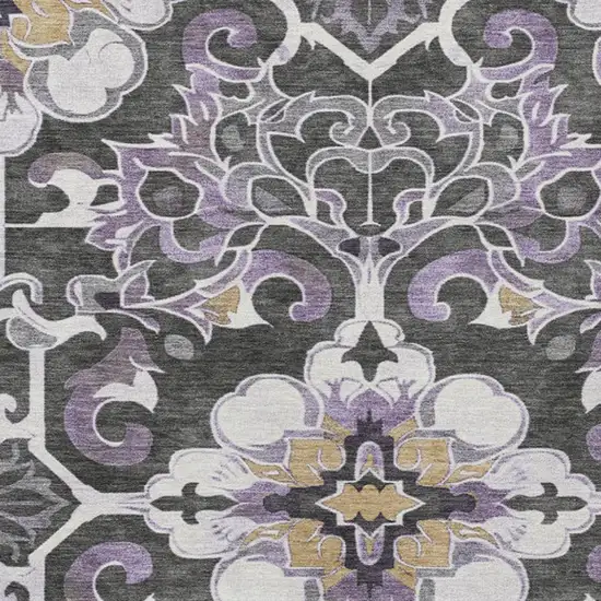 Purple And Charcoal Damask Washable Indoor Outdoor Area Rug Photo 3