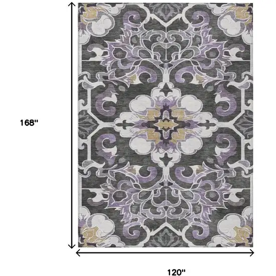 Purple And Charcoal Damask Washable Indoor Outdoor Area Rug Photo 9