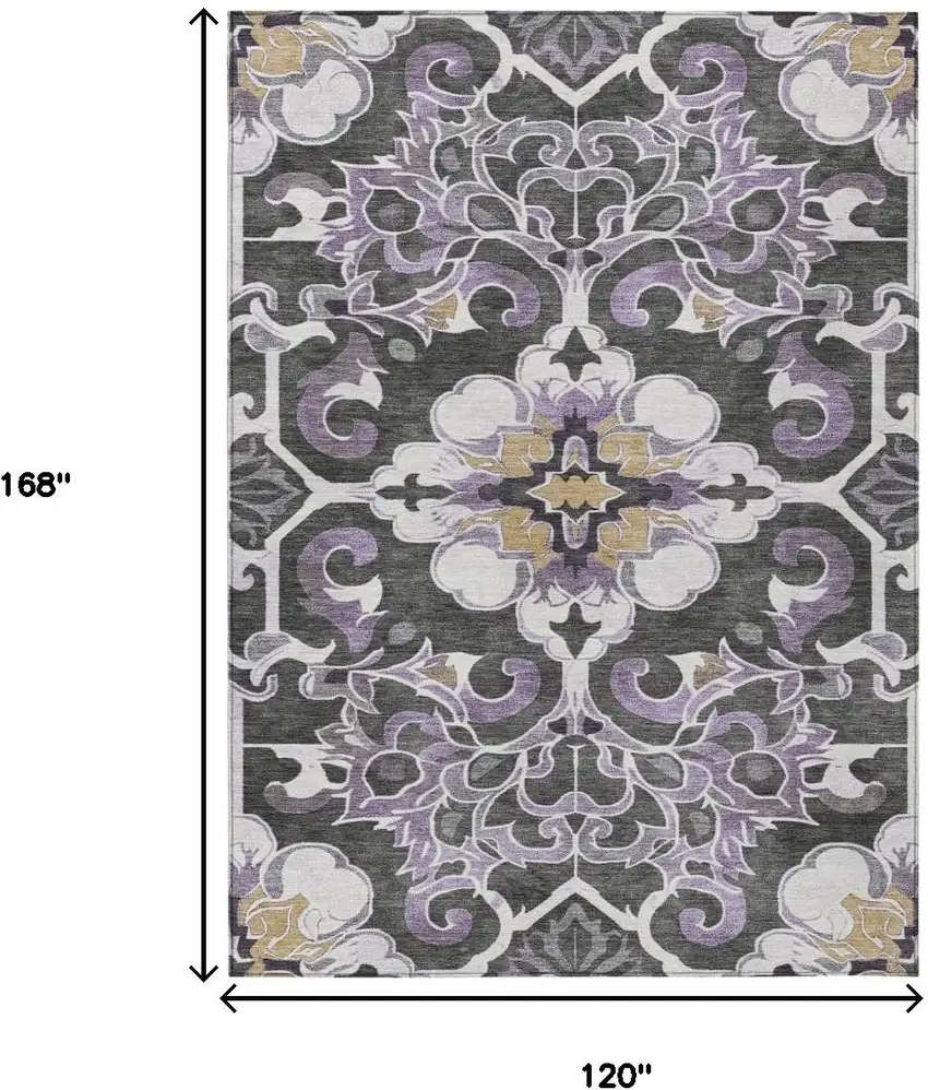 Purple And Charcoal Damask Washable Indoor Outdoor Area Rug Photo 9