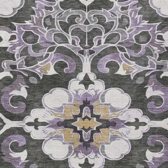 Purple And Charcoal Damask Washable Indoor Outdoor Area Rug Photo 4