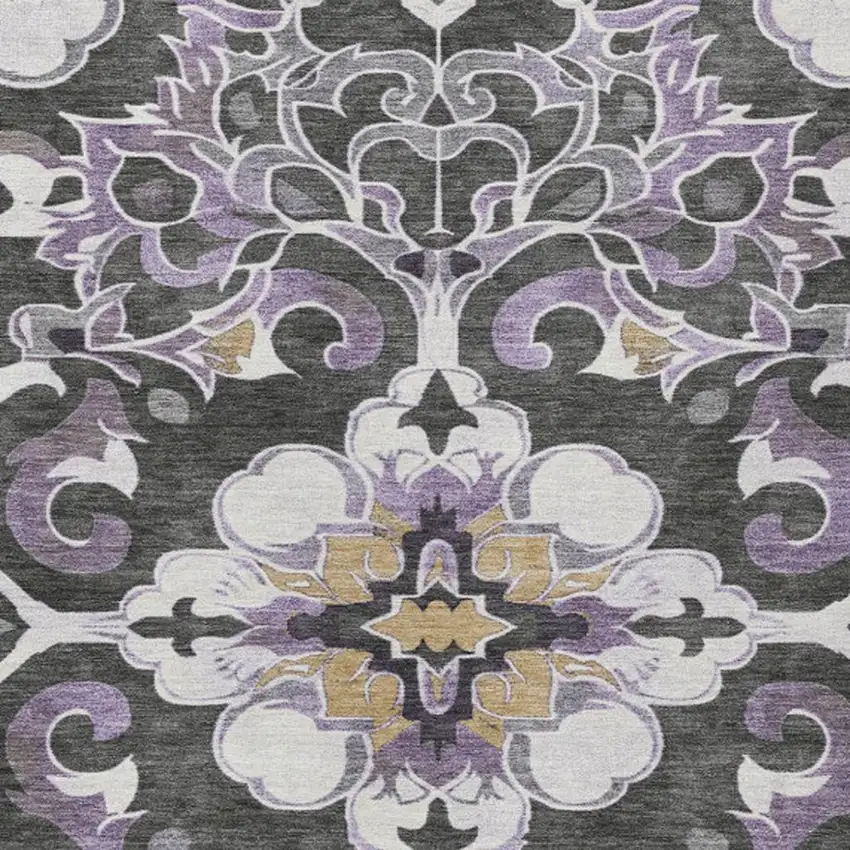 Purple And Charcoal Damask Washable Indoor Outdoor Area Rug Photo 4