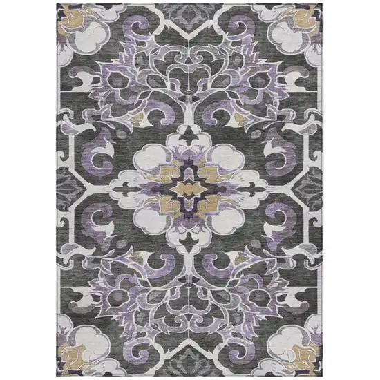 Purple And Charcoal Damask Washable Indoor Outdoor Area Rug Photo 3