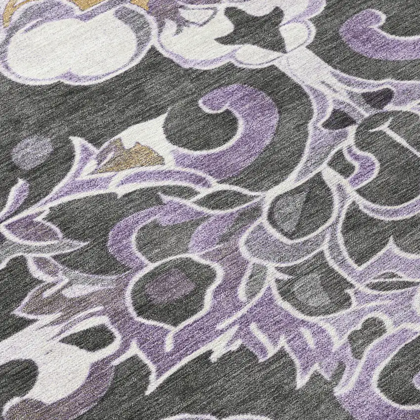 Purple And Charcoal Damask Washable Indoor Outdoor Area Rug Photo 8