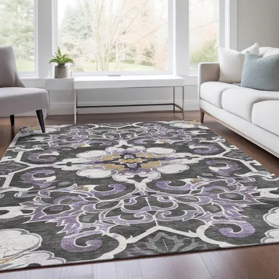 Purple And Charcoal Damask Washable Indoor Outdoor Area Rug Photo 7