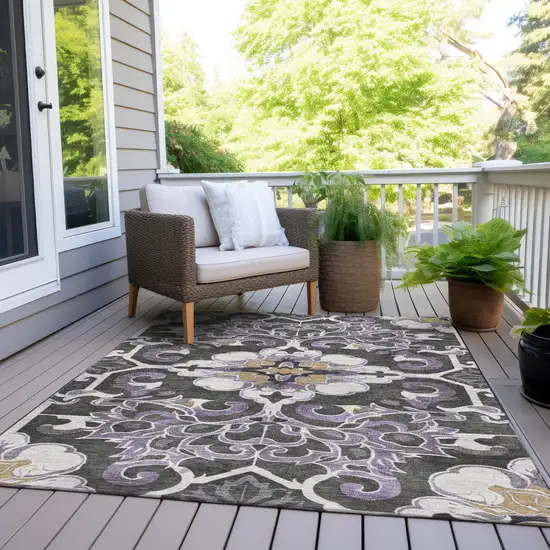 Purple And Charcoal Damask Washable Indoor Outdoor Area Rug Photo 8